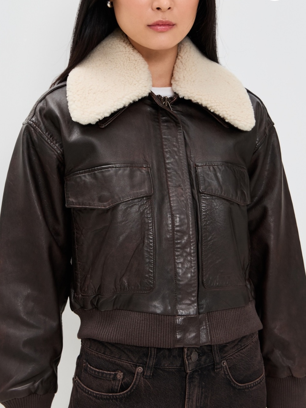 Sea Chocolate Brown Leather Bomber Genuine Shearling Collar WORN ONCE small